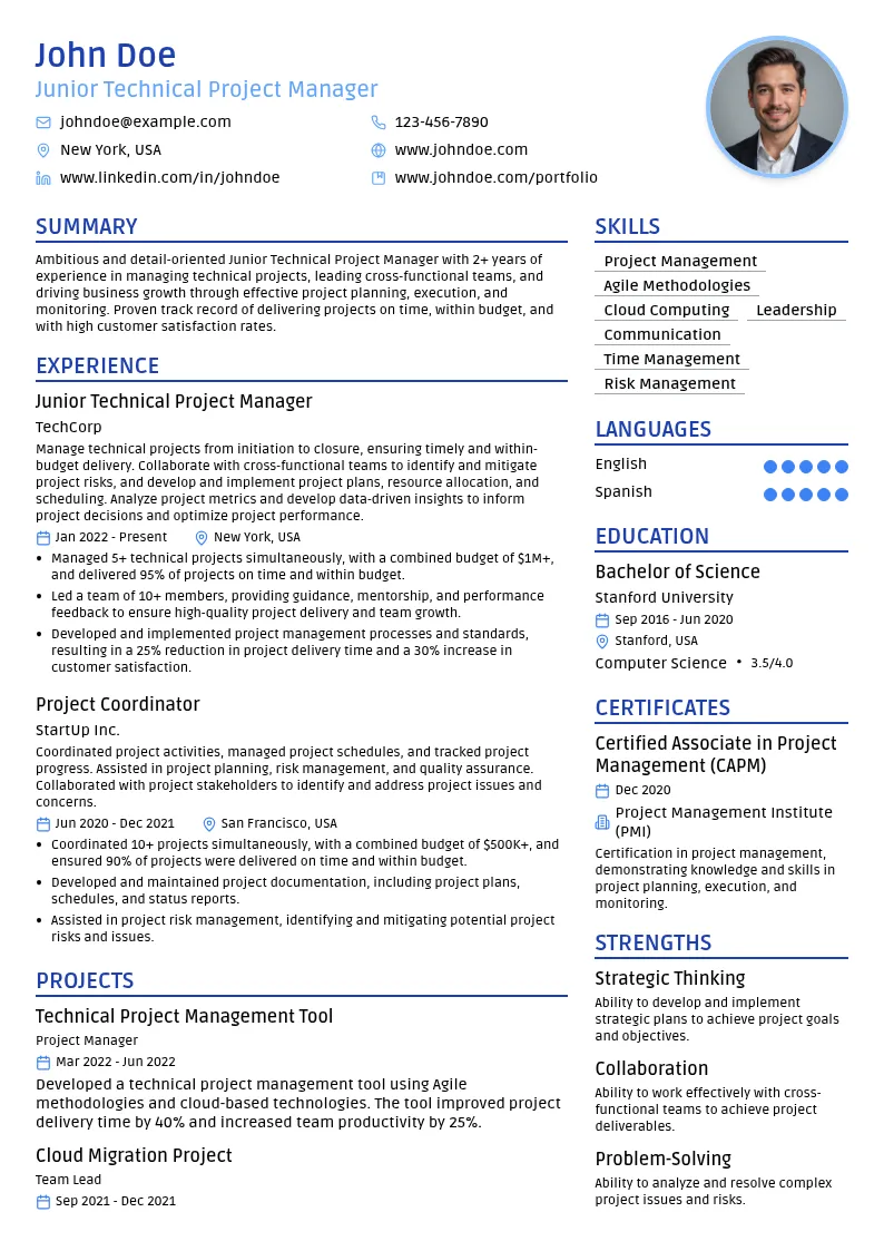 Junior Technical Project Manager resume example