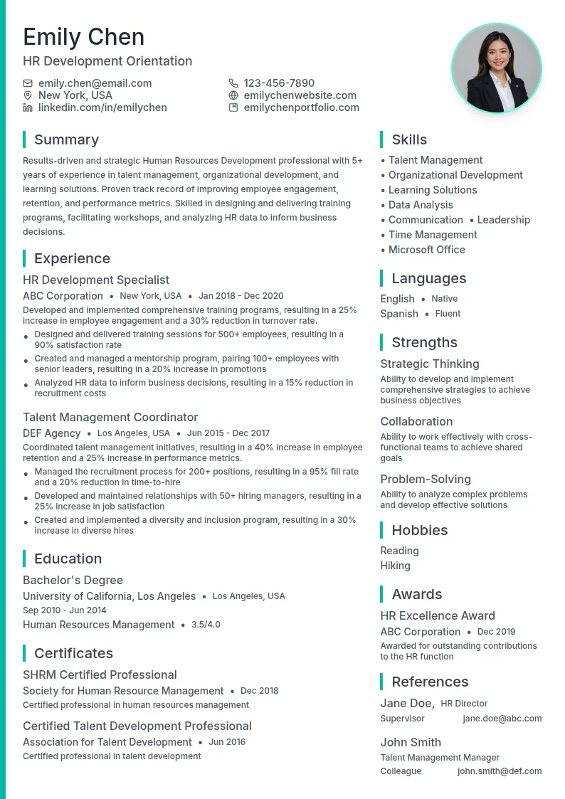 Human Resources Development Orientation resume example