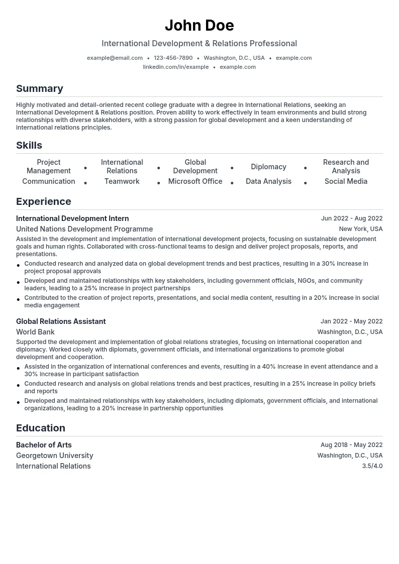 International Development & Relations resume example
