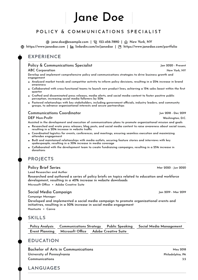 Policy & Communications Specialist resume example