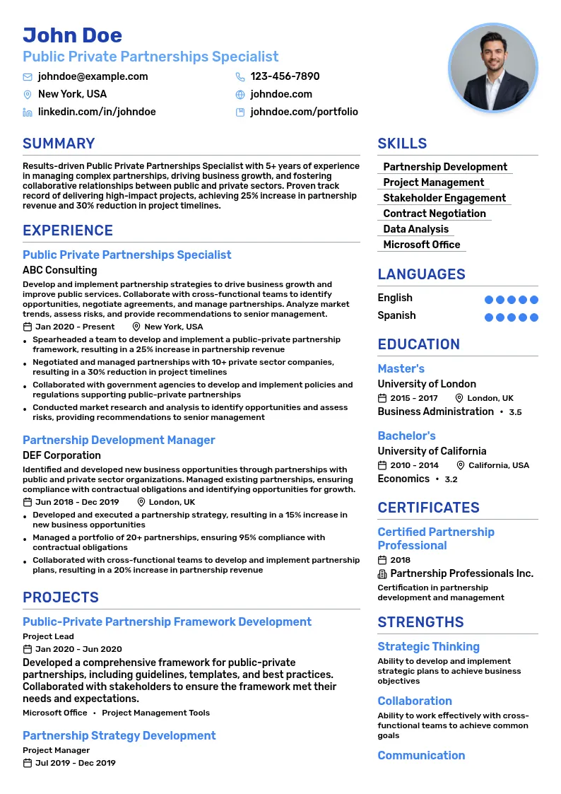 Public Private Partnerships Specialist resume example
