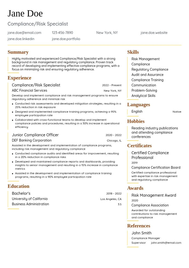 Compliance/Risk Specialist resume example