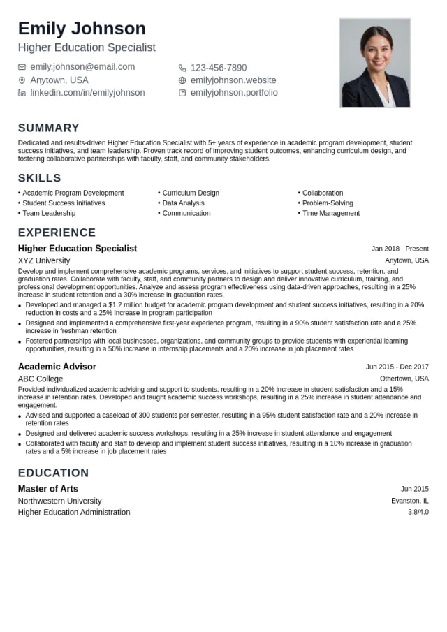 Higher Education Specialization resume example