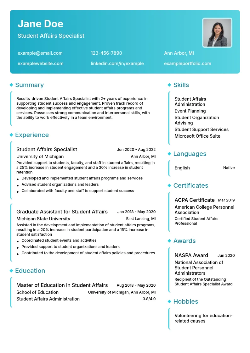 Student Affairs Specialist resume example