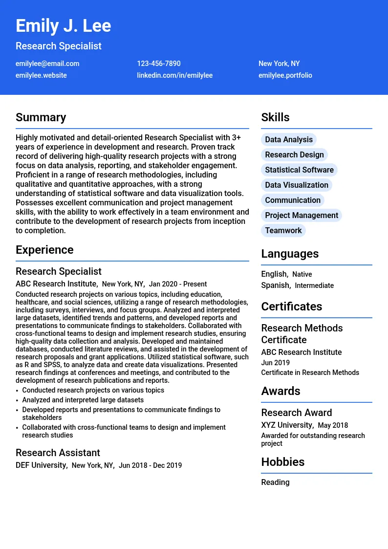 Research Specialist - Development resume example
