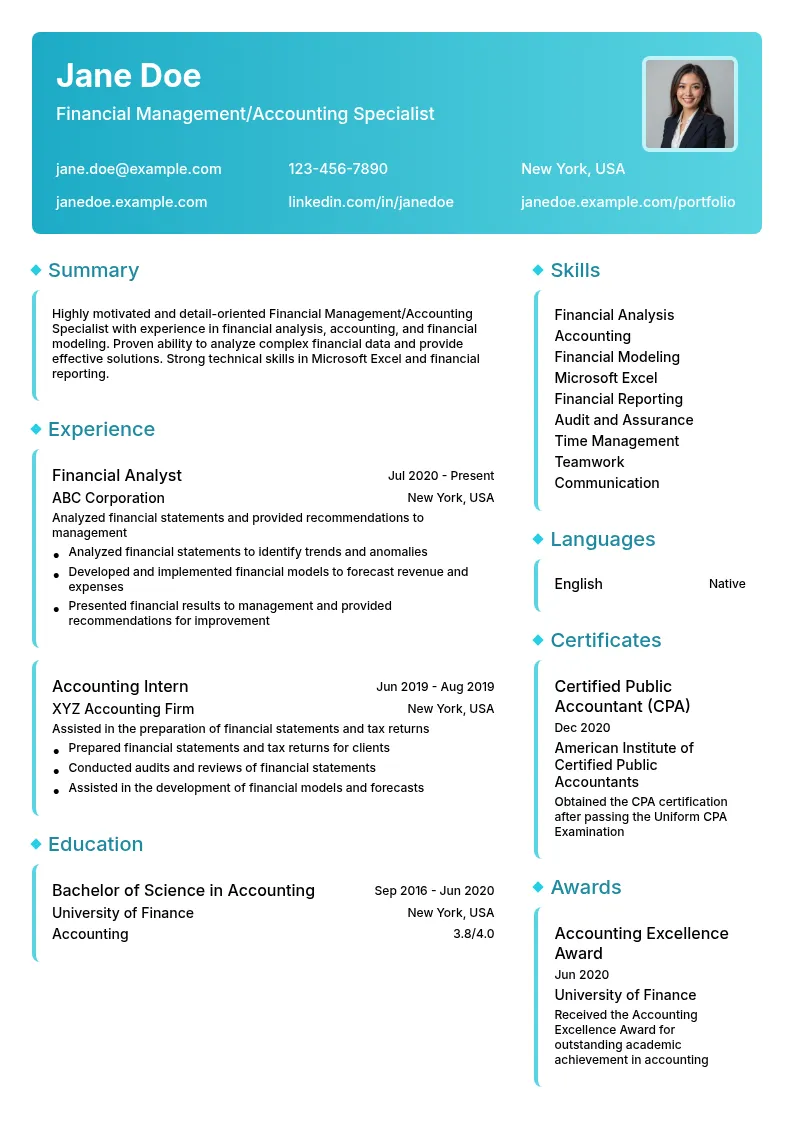 Financial Management/Accounting Specialist resume example