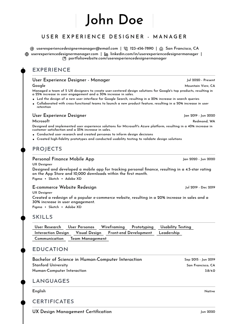 User Experience (UX) Designer - Manager resume example