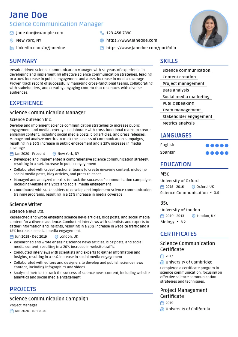 Science Communication - Manager resume example