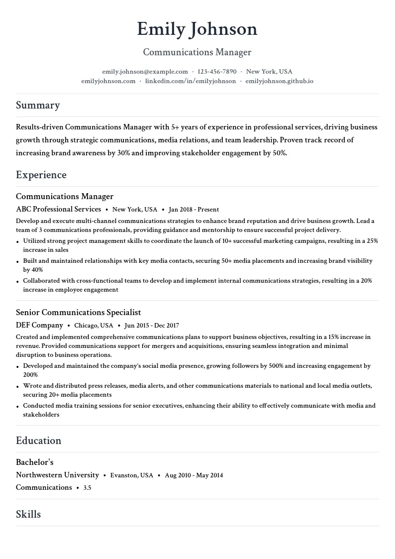 Communications Manager - Professional Services resume example