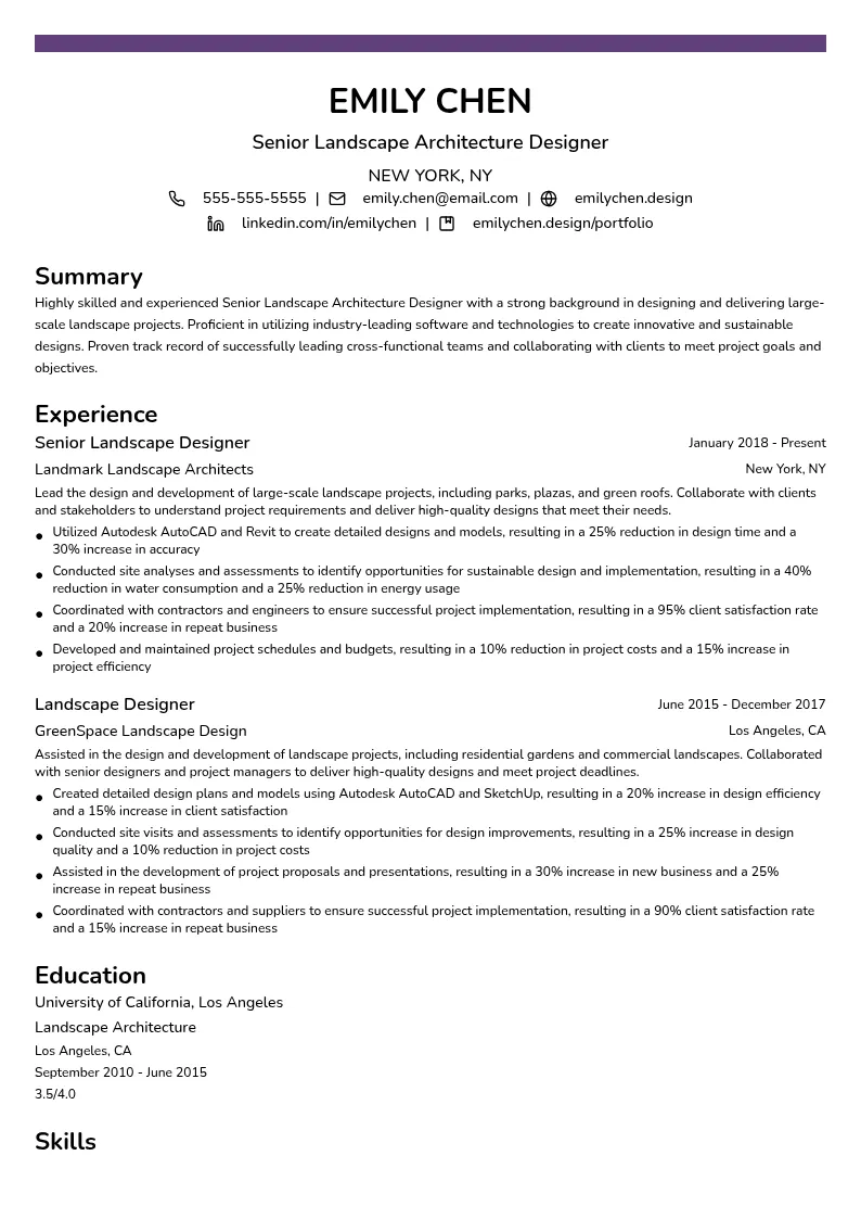 Landscape Architecture - Senior Designer resume example