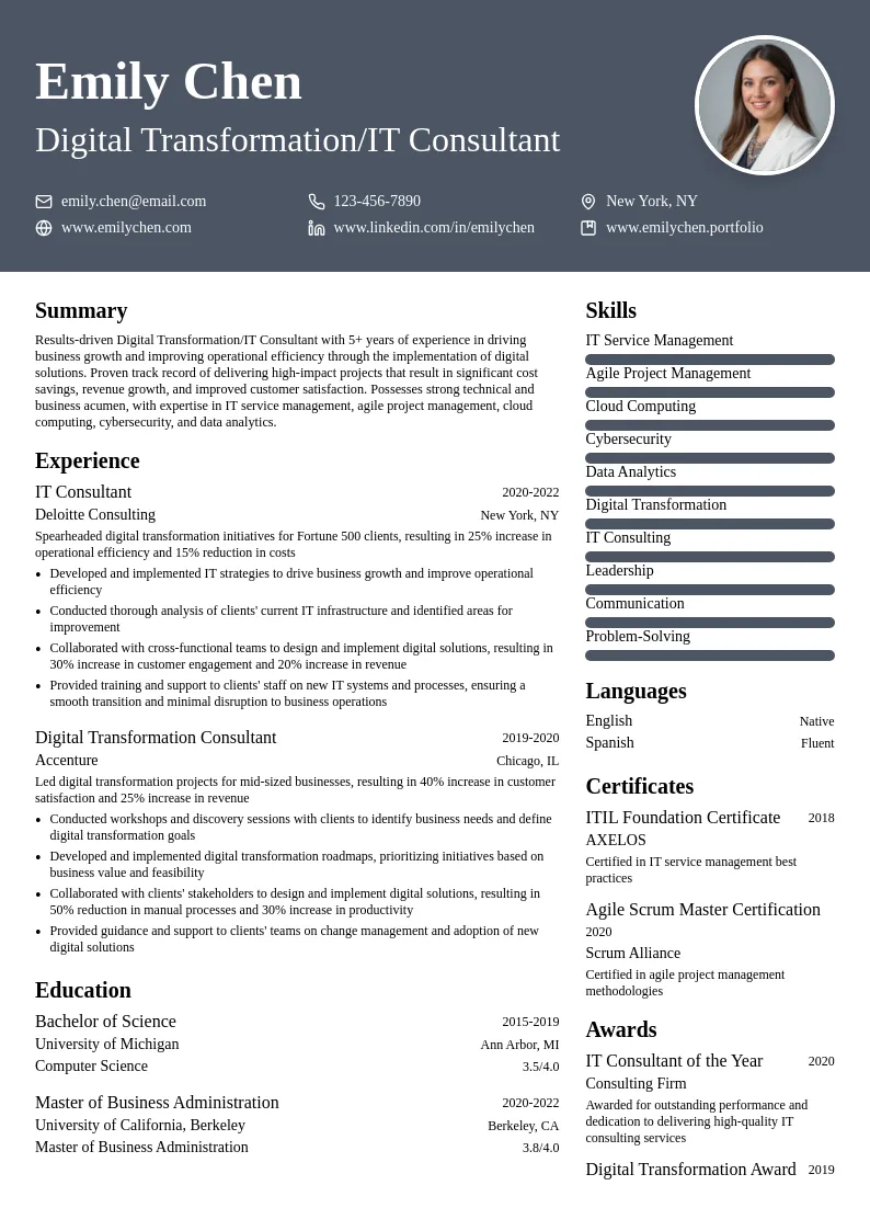 Digital Transformation/IT Consultant resume example