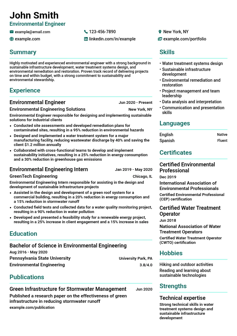 Environmental Engineering resume example