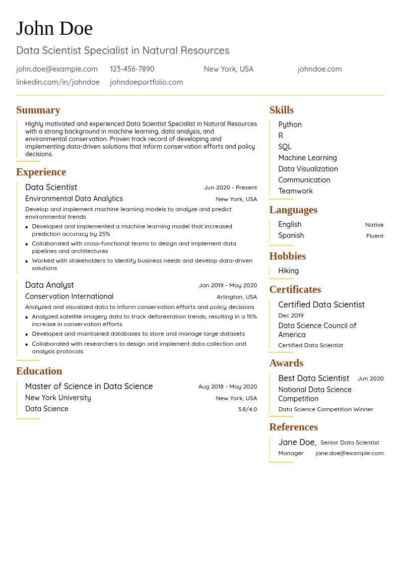 Data Scientist Specialist in Natural Resources resume example