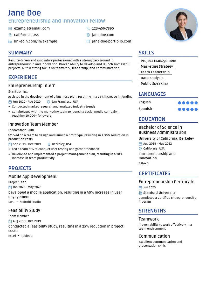 Fellowship Position for Entrepreneurship & Innovation resume example