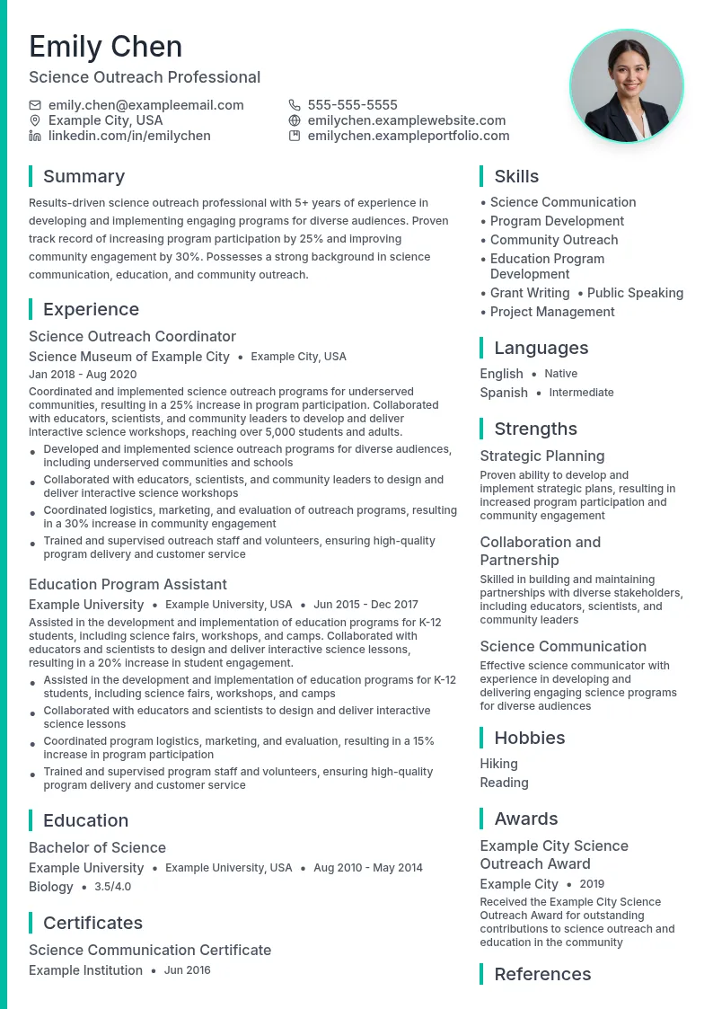 Science Outreach Program Fellowship resume example