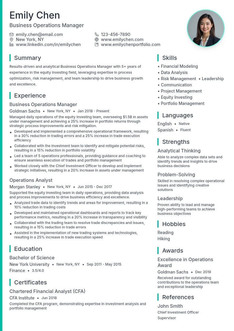 Business Operations Manager in Equity Investing Field resume example