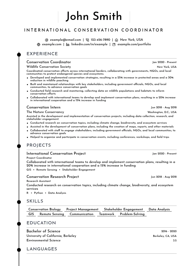 International Conservation Coordinator resume example