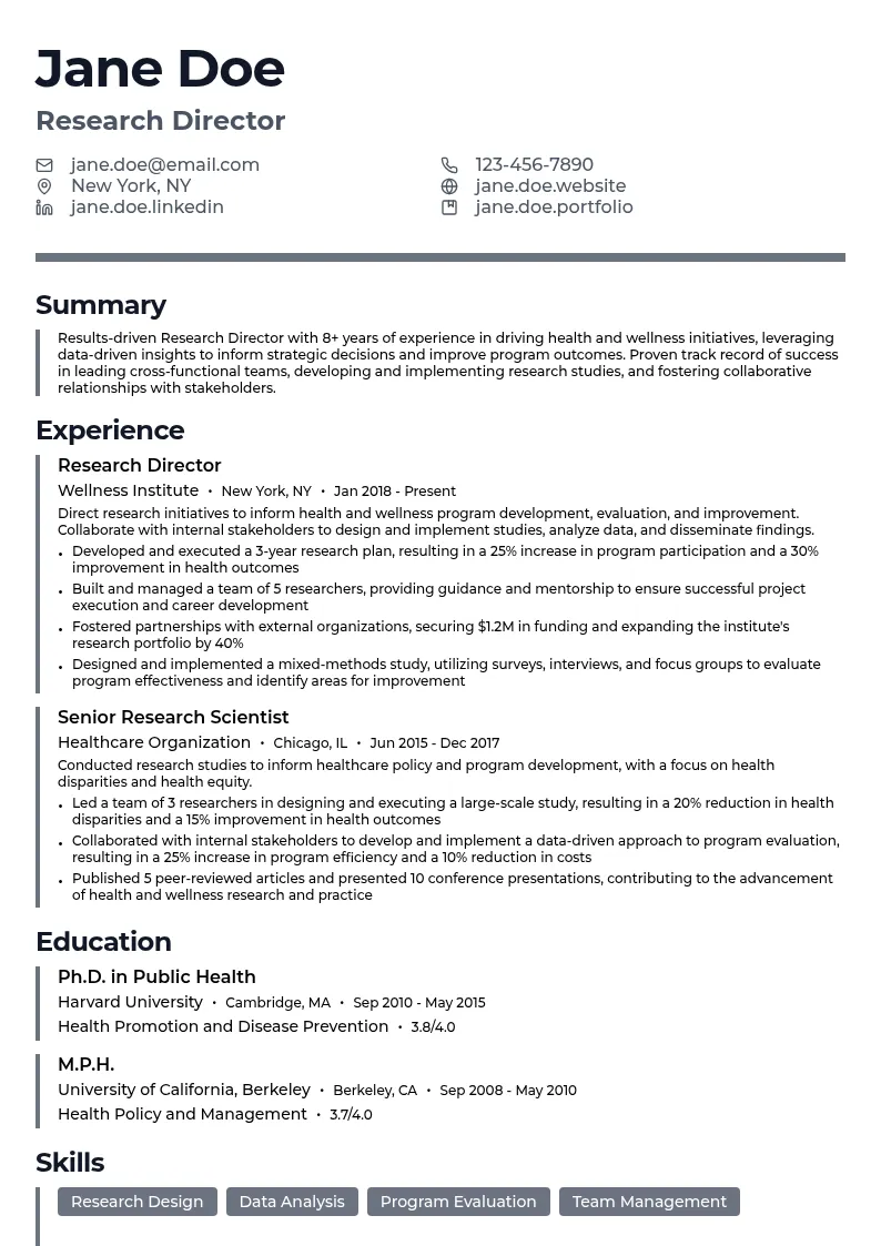 Research Director for Health & Wellness resume example