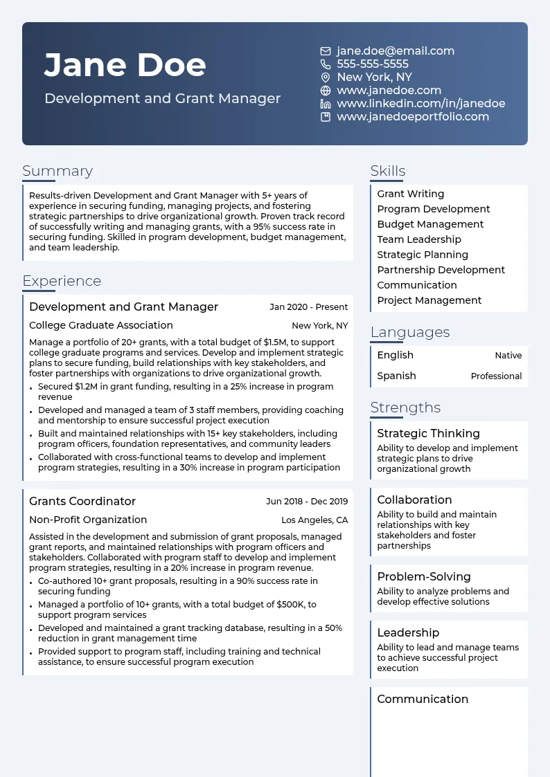 Development and Grant Manager resume example
