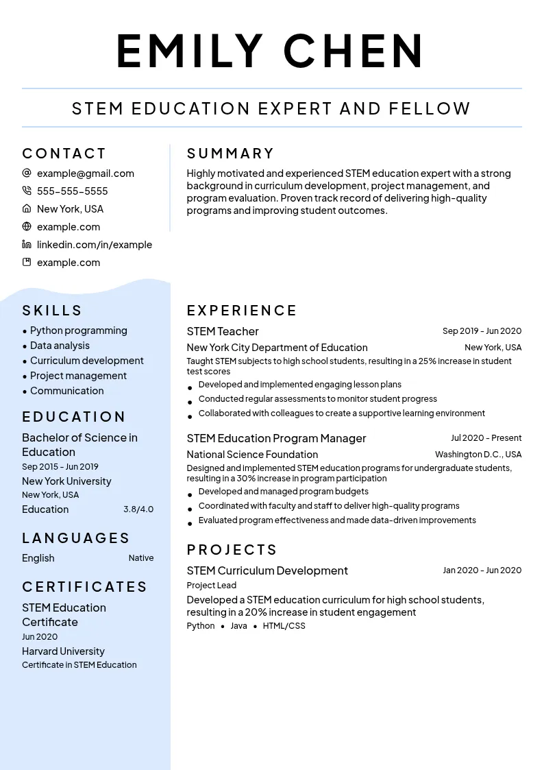 STEM Education Expert and Fellow resume example