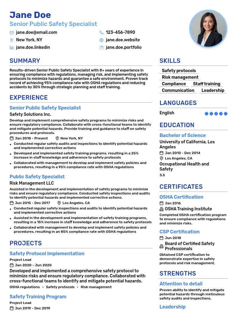 Senior Public Safety Specialist resume example