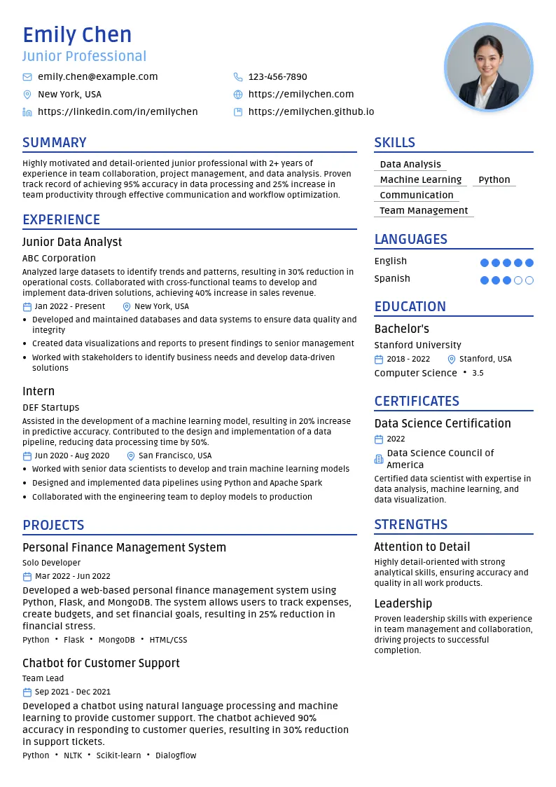 Junior Professional resume example
