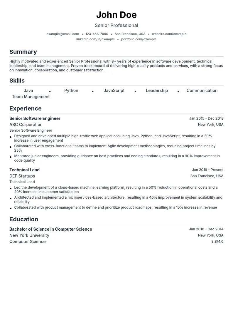Senior Professional resume example