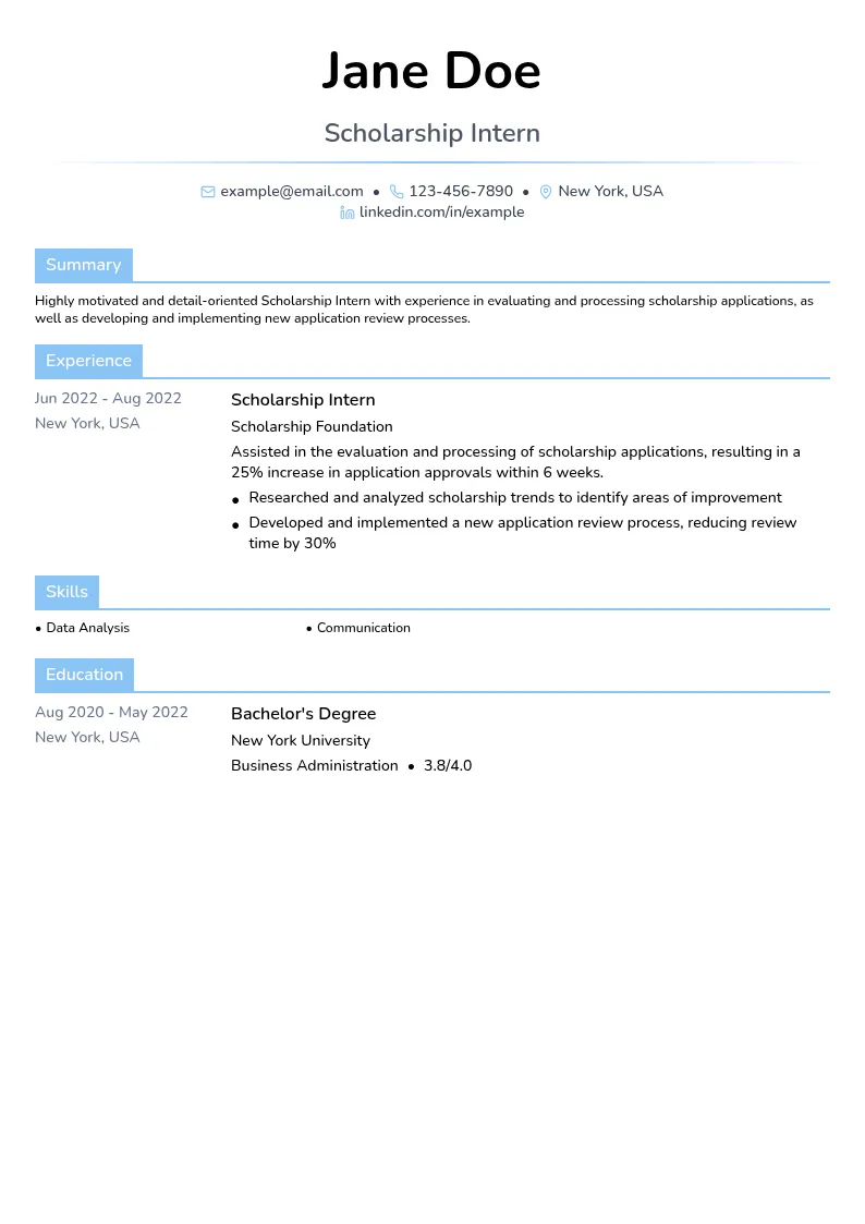 Scholarship Intern resume example
