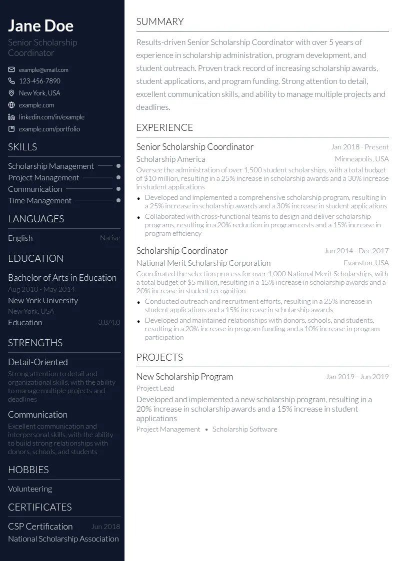 Senior Scholarship Coordinator resume example