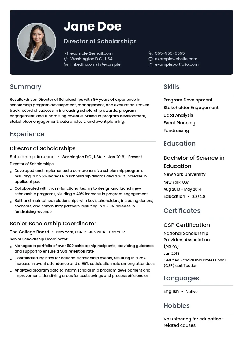 Director of Scholarships resume example