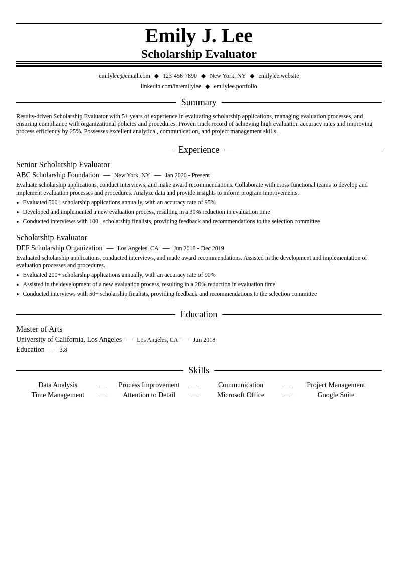 Scholarship Evaluator resume example