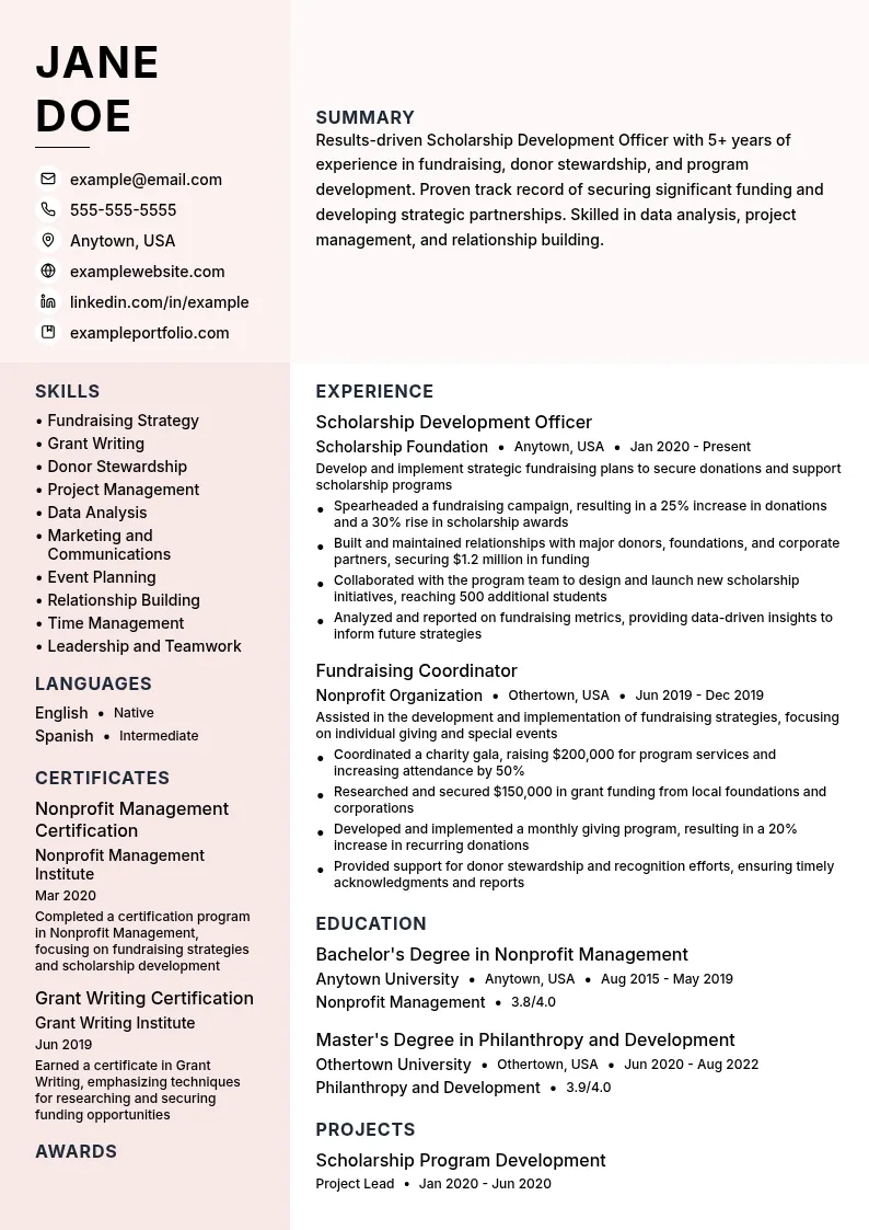 Scholarship Development Officer resume example