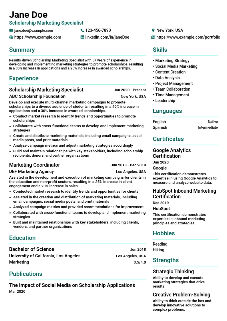 Scholarship Marketing Specialist resume example
