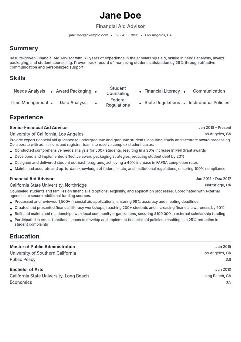 Financial Aid Advisor resume example