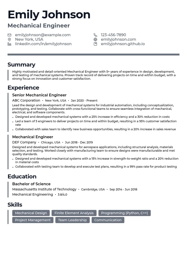 Mechanical Engineering resume example