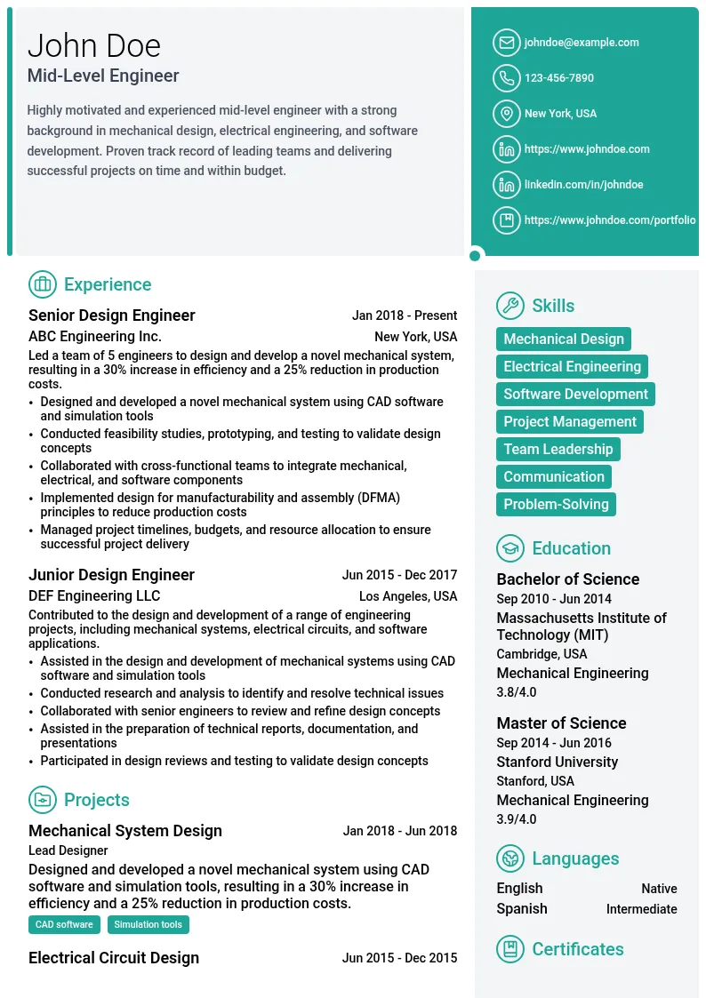 Mid-Level Engineer resume example