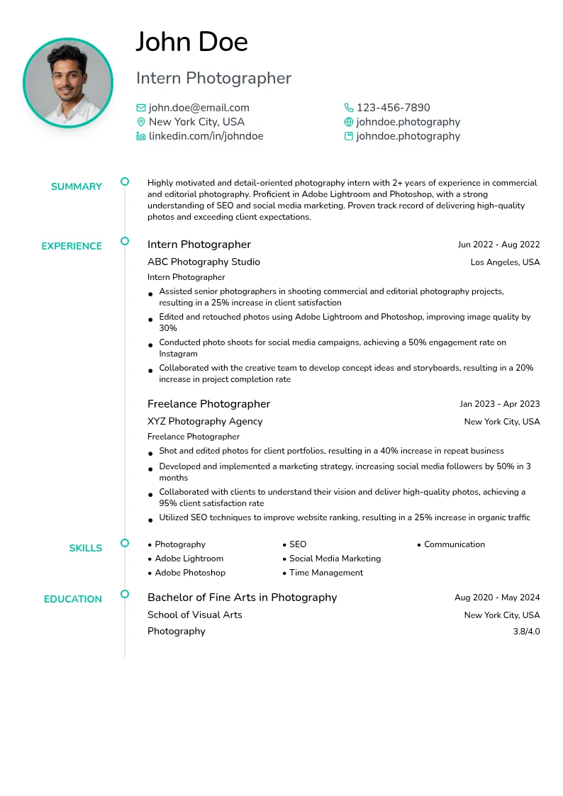 Intern Photographer resume example