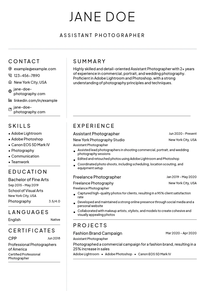 Assistant Photographer resume example