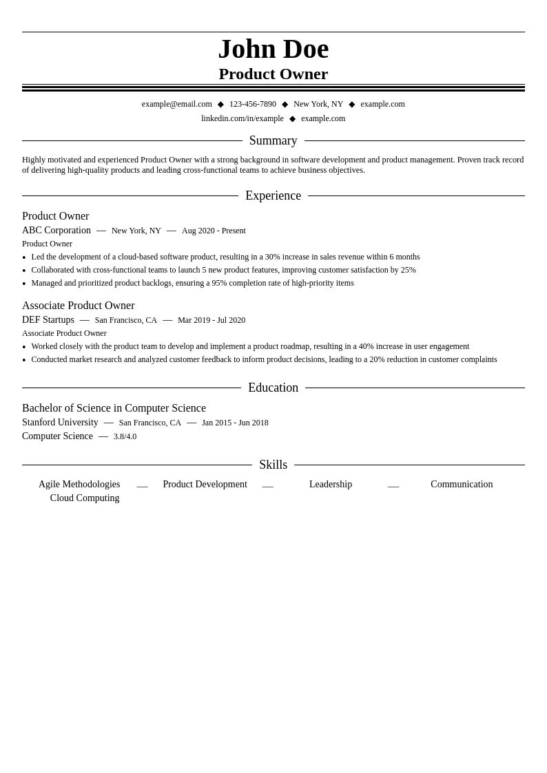 Product Owner resume example