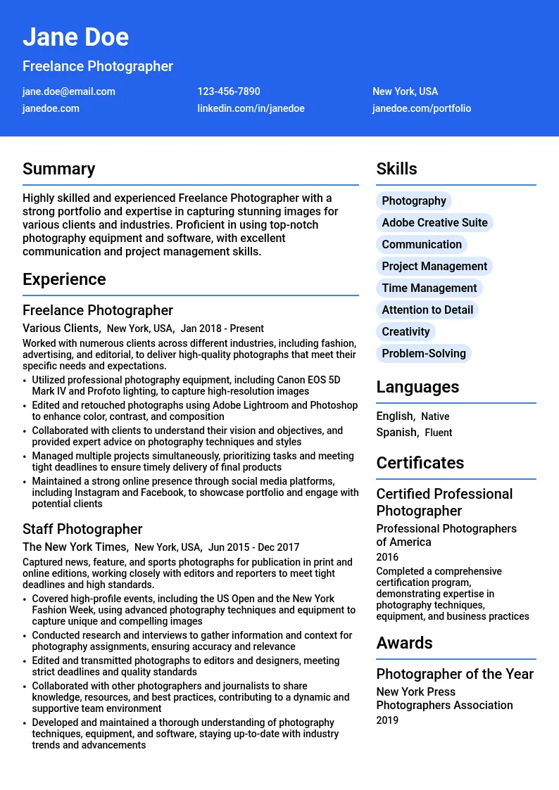 Freelance Photographer resume example