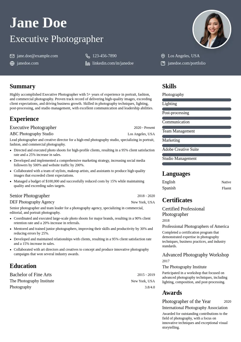 Executive Photographer resume example