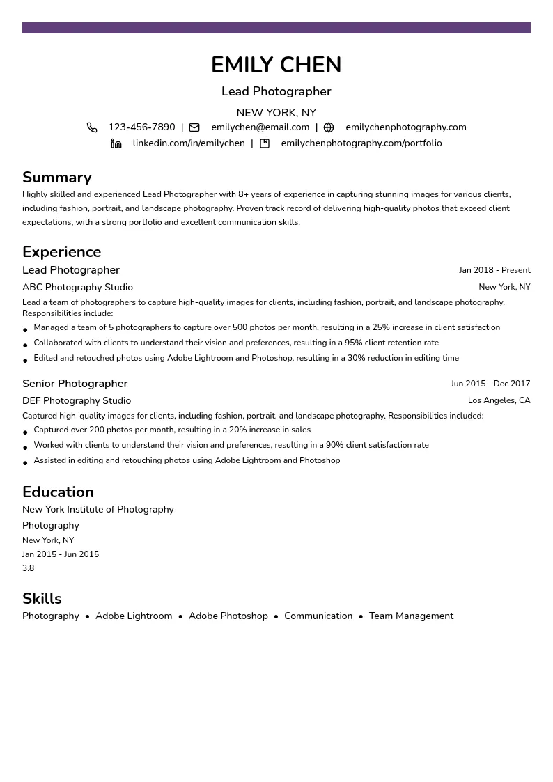 Lead Photographer resume example