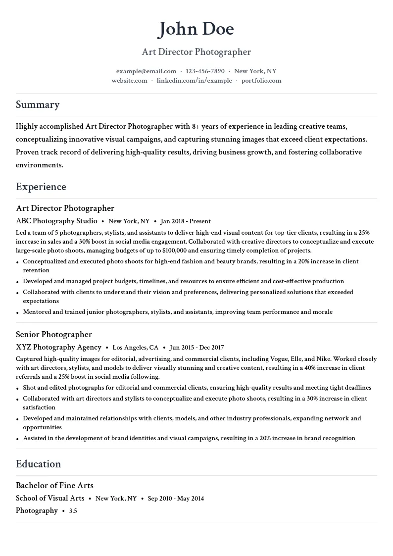 Art Director Photographer resume example