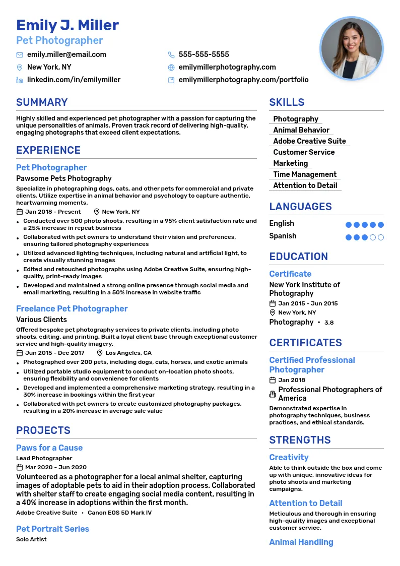 Pet Photographer resume example