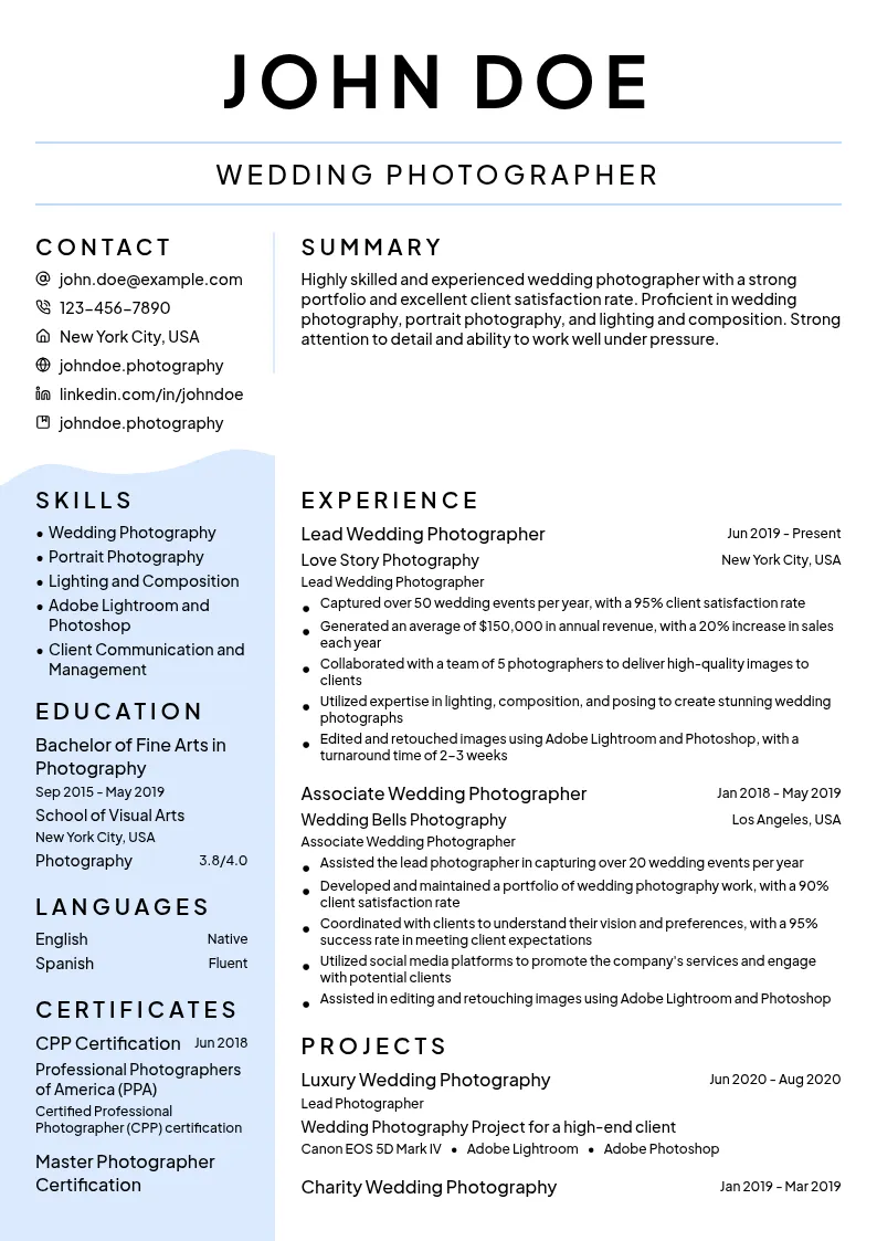 Wedding Photographer resume example