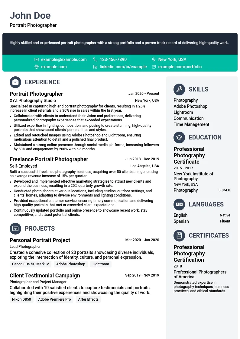 Portrait Photographer resume example