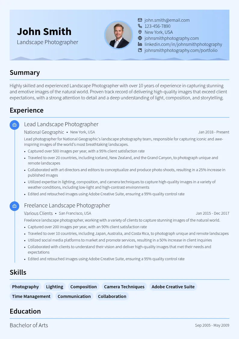 Landscape Photographer resume example
