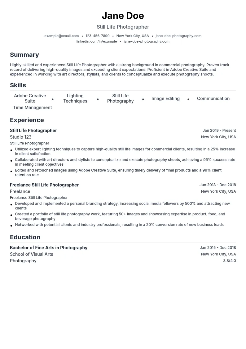 Still Life Photographer resume example
