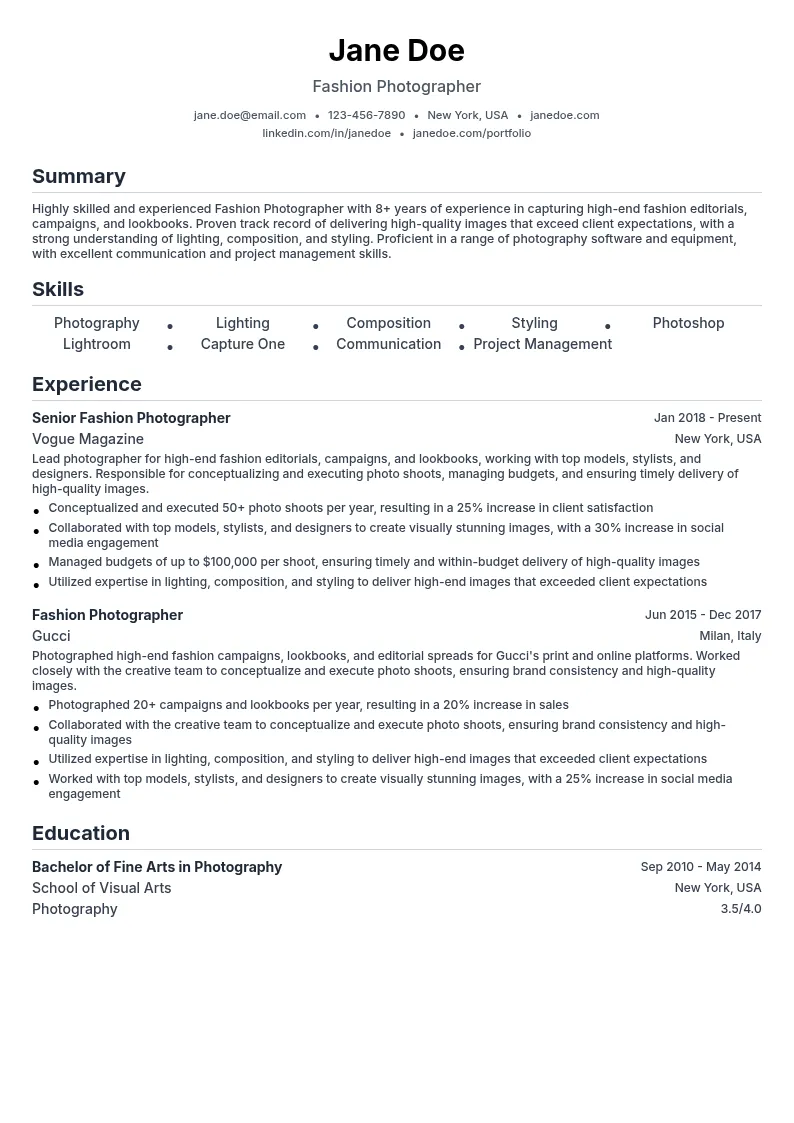 Fashion Photographer resume example