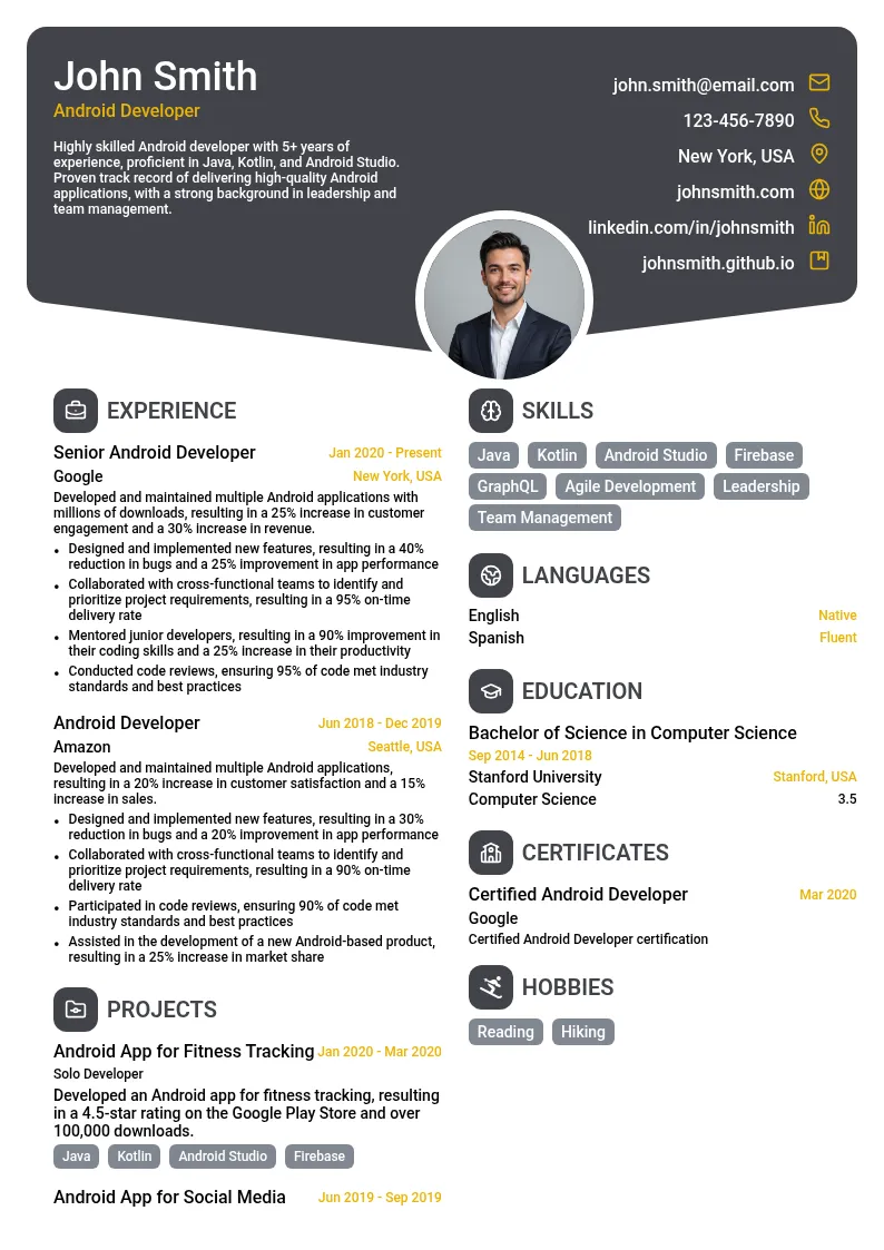 Android Developer resume example